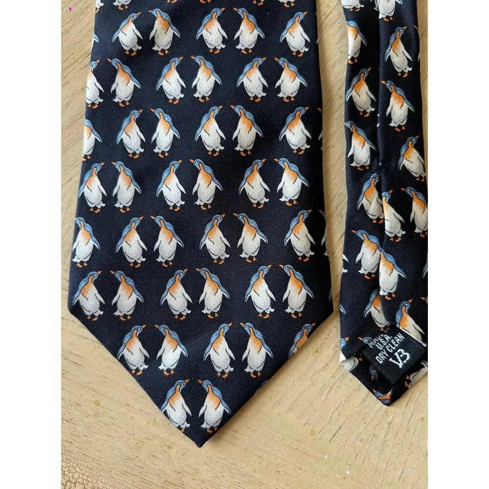 VTG Silk Black necktie penguins Partners Love Retro print gallery collection USA